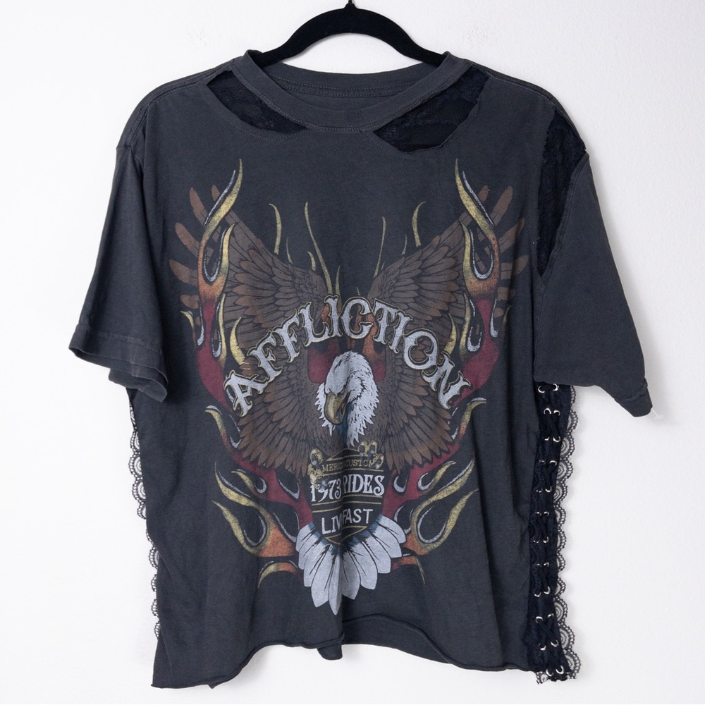 NEW Affliction Speed to Burn Graphic Biker Moto Tee L Black Lace Sheer Grommet